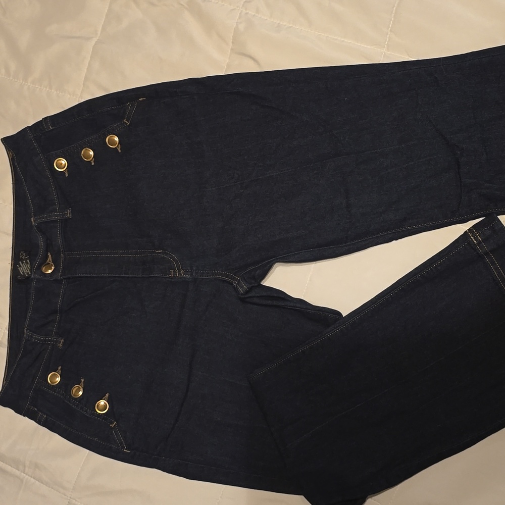 Rachel Zoe Women's High Rise Dark Blue Jeans with Gold Accents- EUC